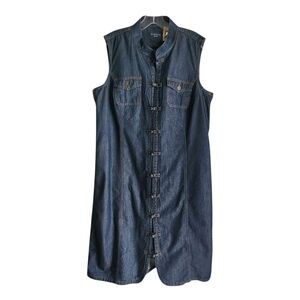 Vintage Y2K Denim Dress Women XL 16 Sleeveless Button Front Blue Dark Wash Jean